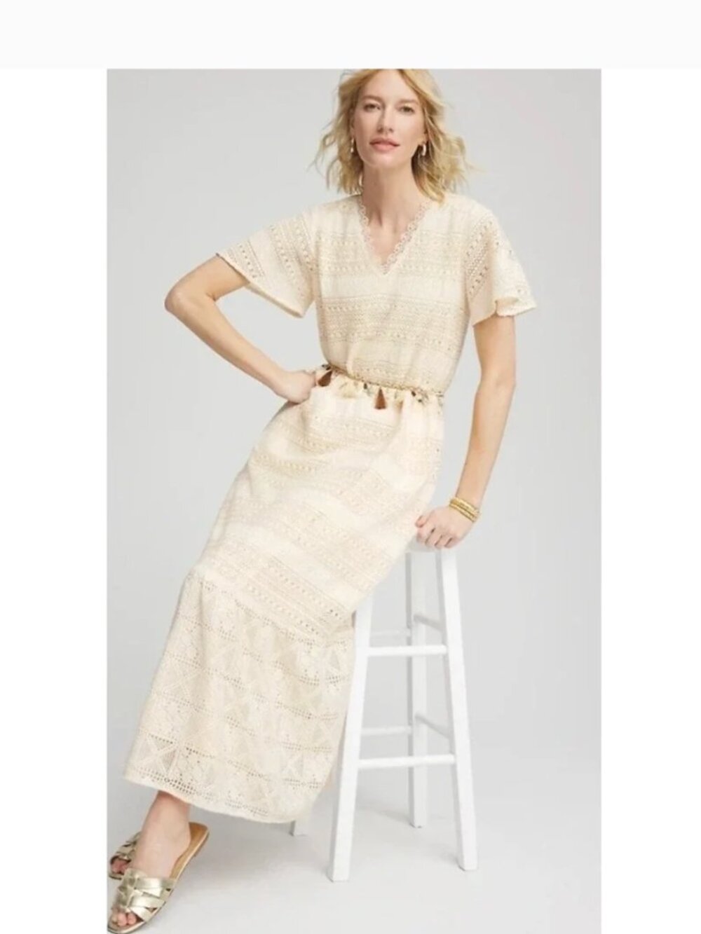 NWOT Chico's Crochet Maxi Dress   Cream Lace Tiered V-Neck US 4 Ivory - Picture 3 of 10